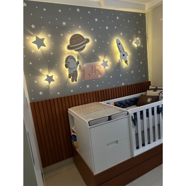 Kit de Luminosos Infantil de Parede - Astronauta, Foguete e Planeta em MDF com Luz LED a Pilhas