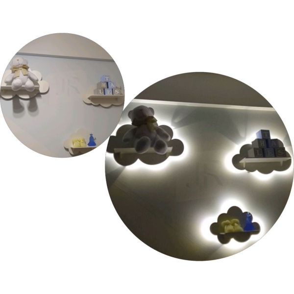 Kit 3 Nuvens com Prateleiras Luminárias em mdf