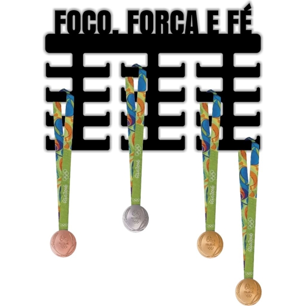 Expositor Porta Medalhas Preto Foco Força Fé