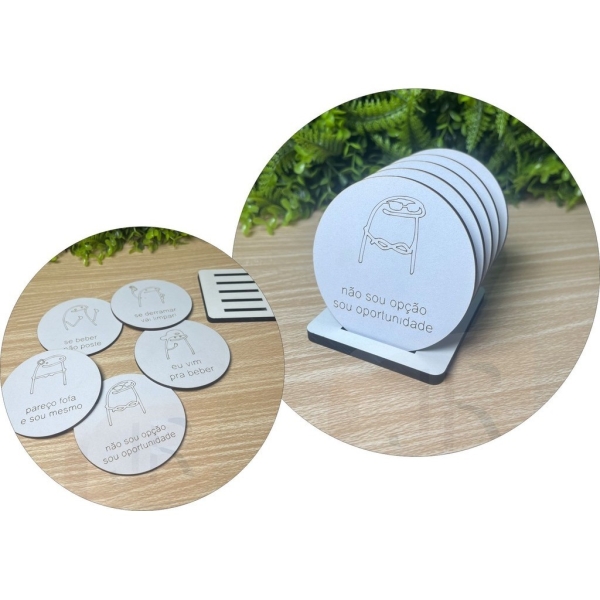 Porta Copos MDF Branco Flork com Frases Engraçadas 8 cm